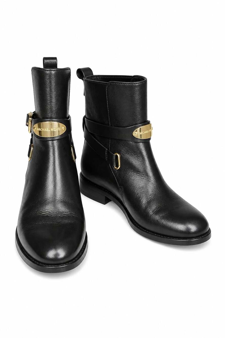 Michael Kors Arley Black Leather Gold Logo Plate Ankle Boots